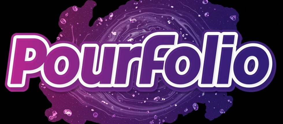 Logo for "PourFolio" with vibrant purple and pink colors on a cosmic background.